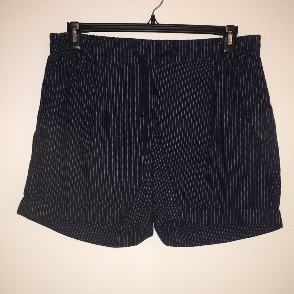 Blue and white striped shorts with elastic waist